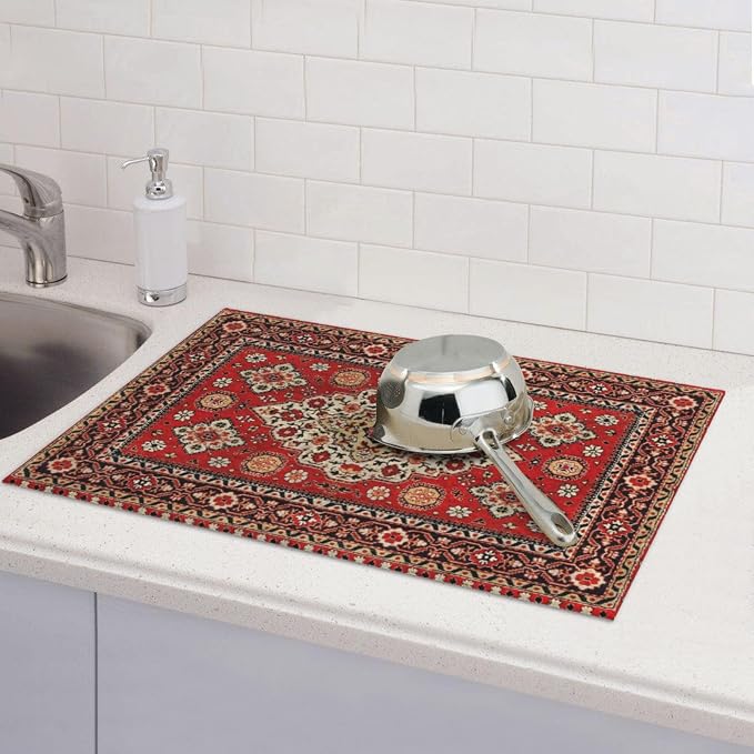 Royal Red Moroccan Dish Drying Mat Old Red Persian Carpet Texture Abstract - Image 6