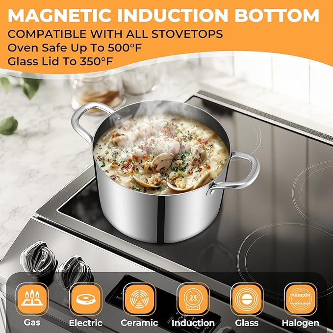Tri-Ply Stainless Steel Stock Pot, 6.5 Quart Heavy Duty Induction Cooking Pot - Image 3