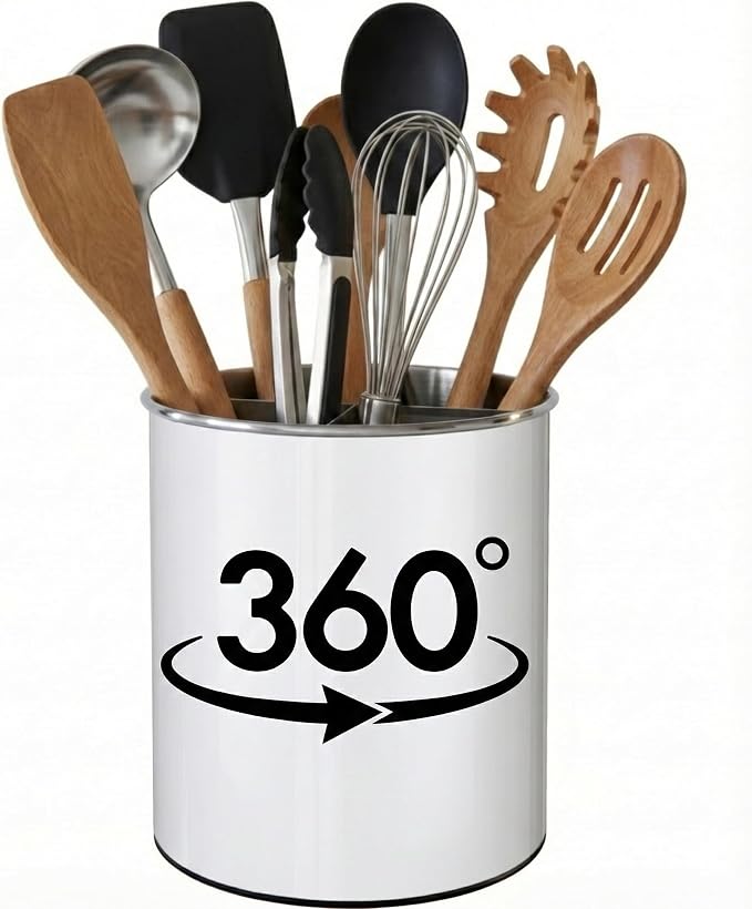 Cooler Kitchen White Rotating Extra Large Stainless Steel Utensil Holder Caddy by CoolerKitchen