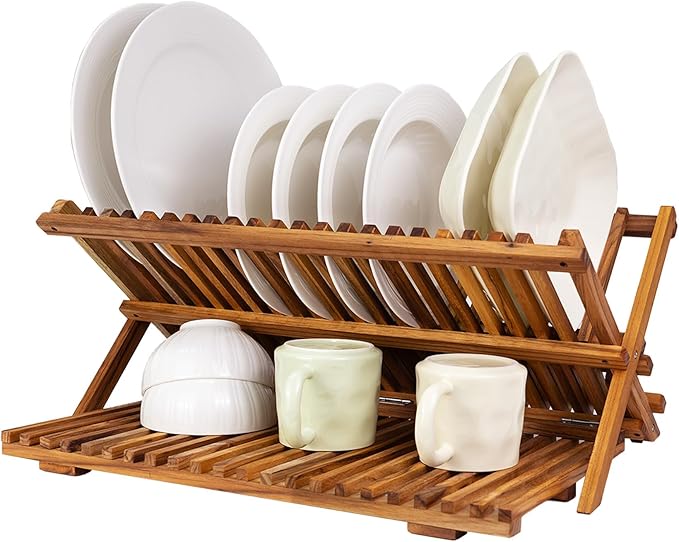 Utoplike Large Teak Dish Drying Rack, Wooden 3 Tier Collapsible Dish Draine by Utoplike