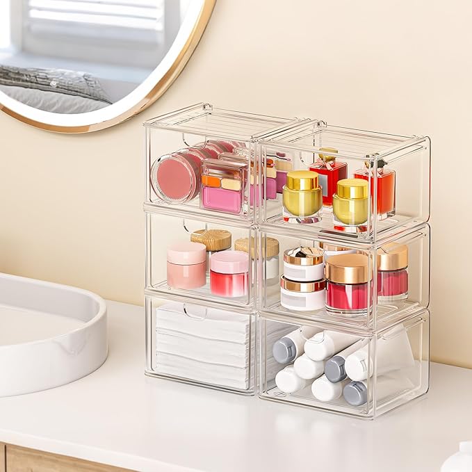 caktraie 6 Pack Small Stackable Stroage Drawers, Acrylic Bathroom Makeup - Image 2