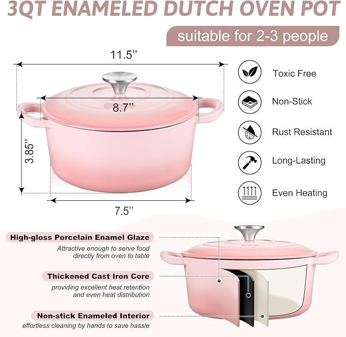 TeamFar Enameled Cast Iron Dutch Oven - 3QT Small Dutch Oven Pot - Heavy Duty - Image 2