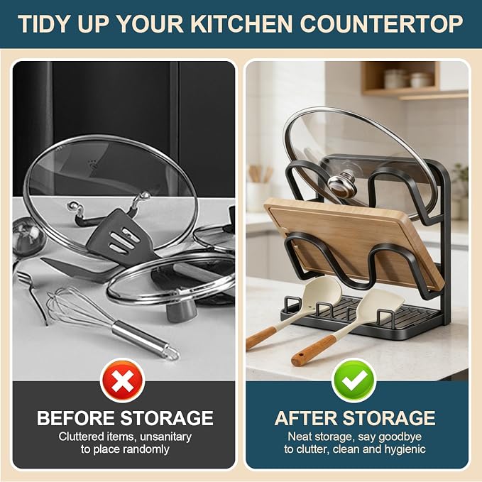 Kitchen Pot Lid Storage Rack: Carbon Steel Double-Layer Holder & Spoon Rest - Image 2