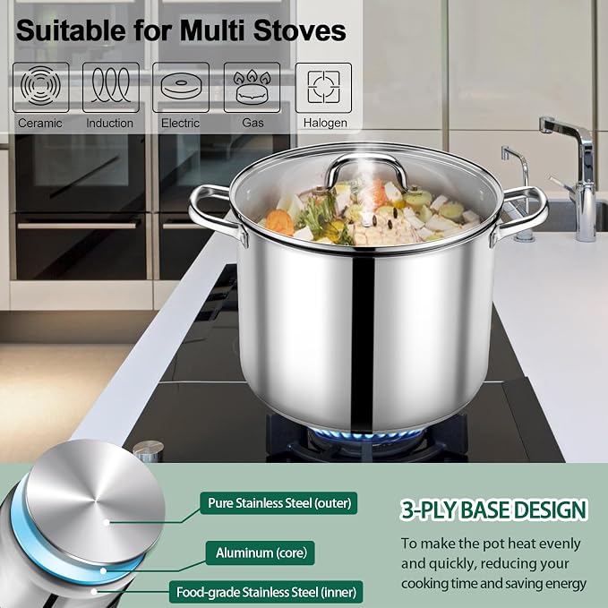 P&P CHEF 20 QT Stock Pot with Lid, Stainless Steel Large Cooking Pot, Soup - Image 5