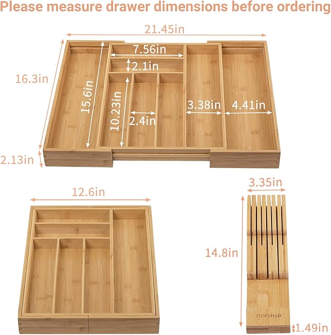 TIOPGHAD Bamboo-Silverware-Drawer-Organizer-Kitchen, Expandable Utensil Holder - Image 2