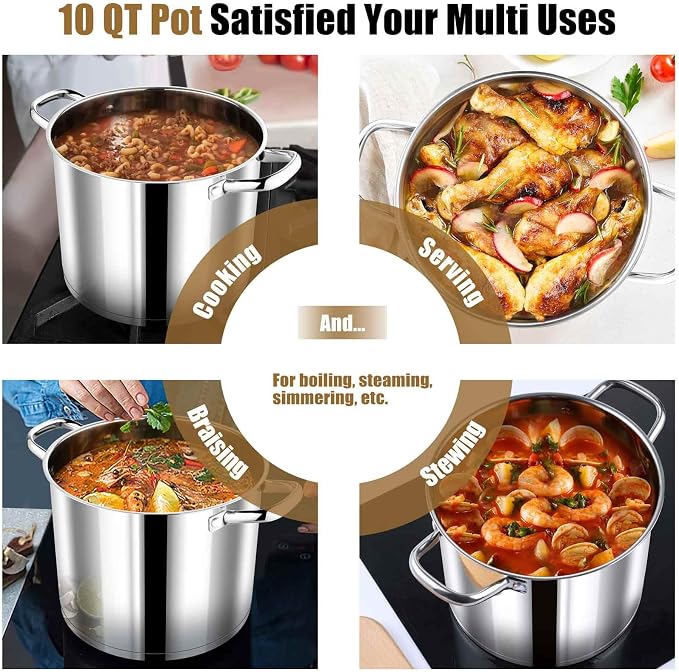 P&P CHEF 10 QT Stock Pot with Lid, Stainless Steel Large Cooking Pot, Soup - Image 7