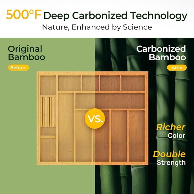 keechee Carbonized Large Bamboo Kitchen Drawer Organizer, 12 Slots Expandable - Image 4