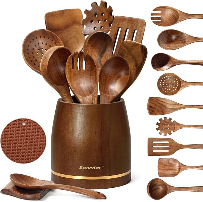 Spardar Wooden Spoons for Cooking, Spoon Rest, 4.2" Utensil Holder, and by Spardar