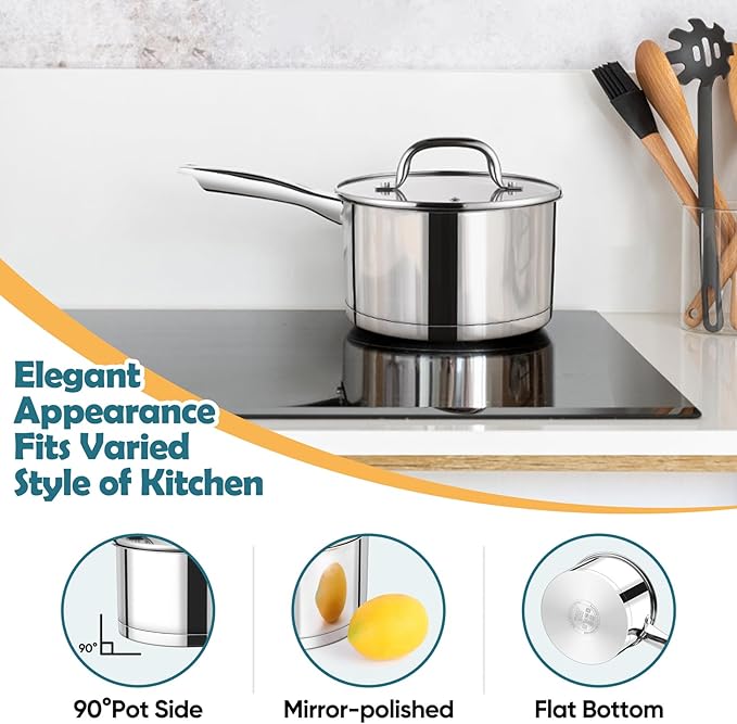 P&P CHEF 3 Quart Saucepan with Lid Set, Stainless Steel Small Cooking Pot - Image 7