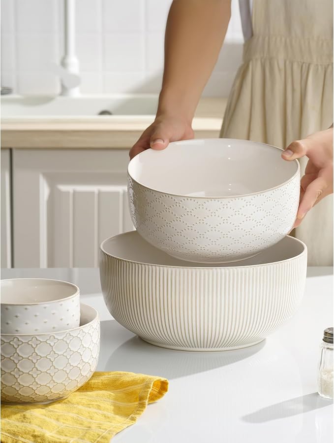 Mikiegy Ceramic Mixing Bowls Set of 4, Nesting Ceramic Embossment Stoneware - Image 9