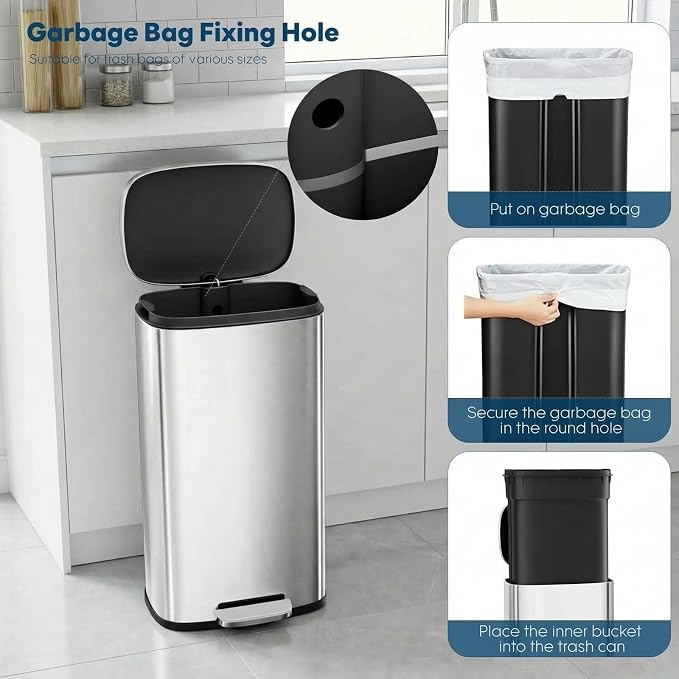 8 Gal Kitchen Trash Can, 30L Recycling or Garbage Bin, Brushed Stainless Steel - Image 6