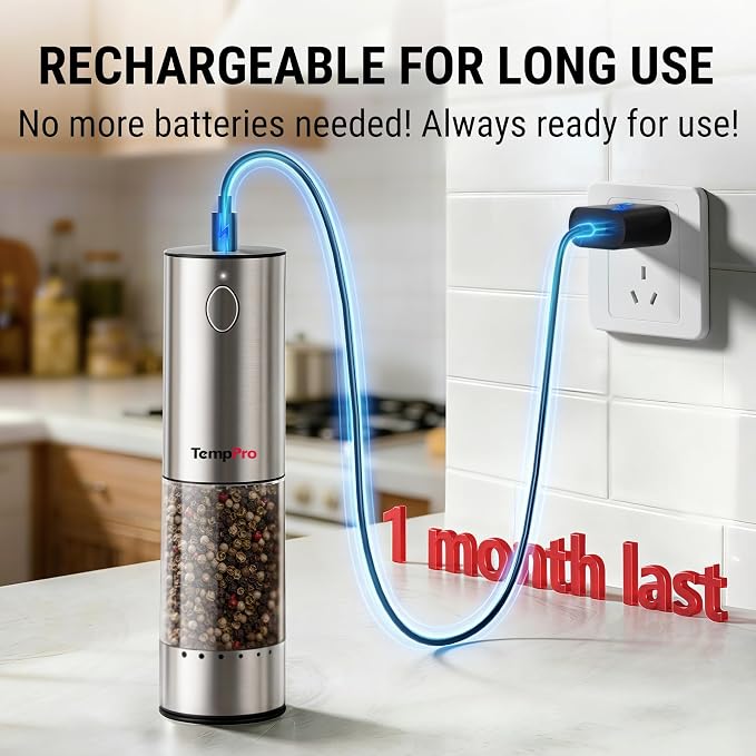 TempPro 100ml Electric Salt and Pepper Grinder Set Rechargeable, Automatic - Image 5