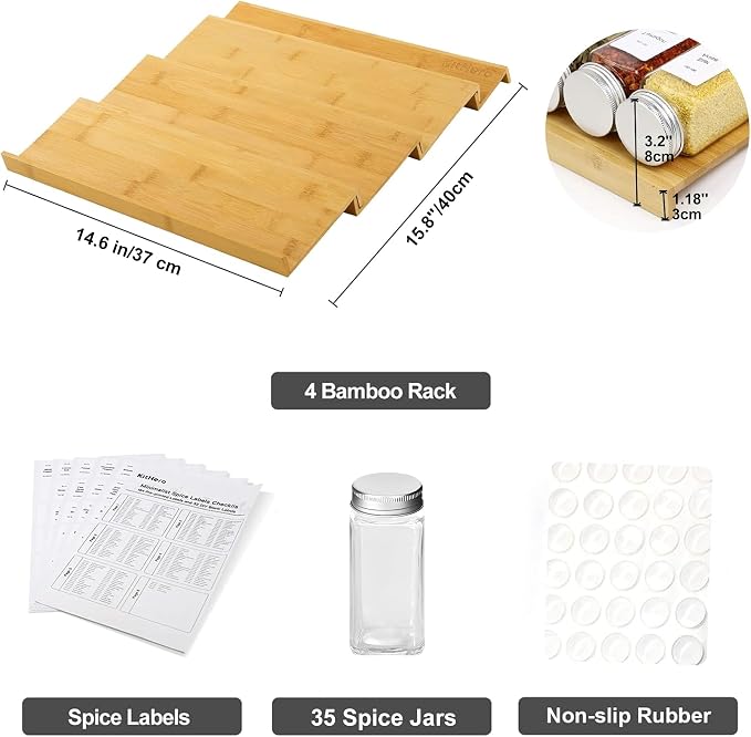 Spice Drawer Organizer with 35 Spice Jars, 216 Labels, 25 Non-slip Rubber - Image 3