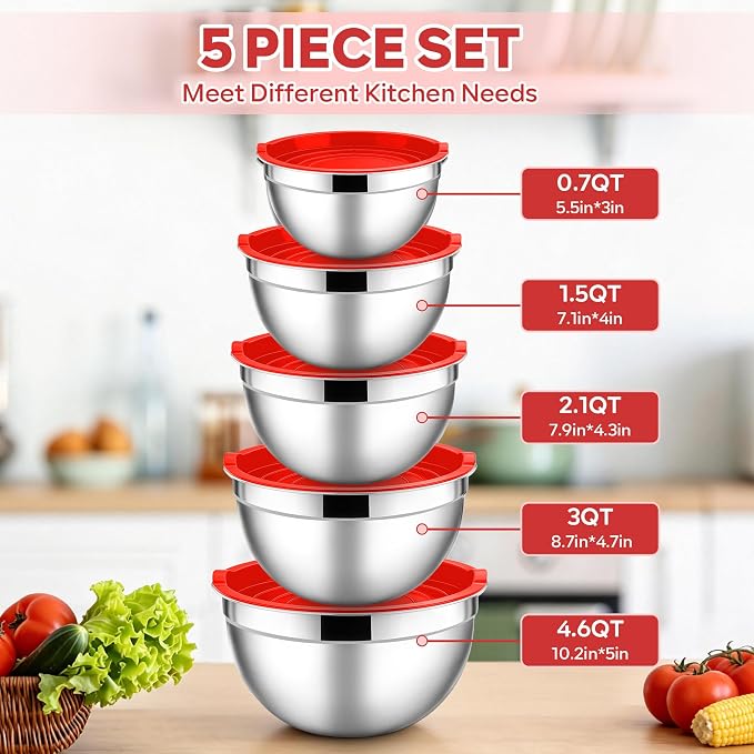 E-far Mixing Bowls With Lids Sets of 5, 10-Piece Stainless Steel Salad Metal - Image 2