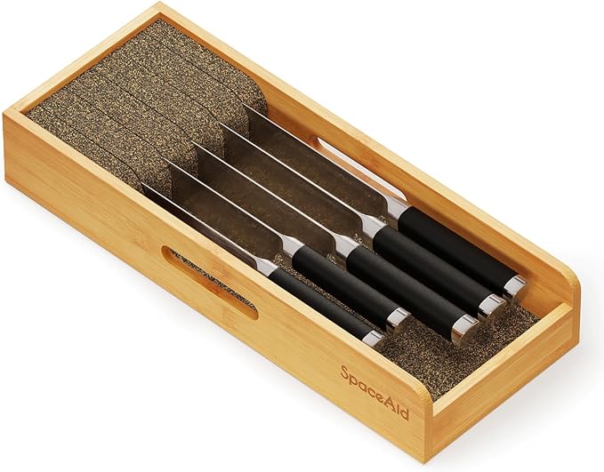 SpaceAid Knife Drawer Organizer Bamboo Insert Dock, Kitchen Steak Knives Holder by SpaceAid