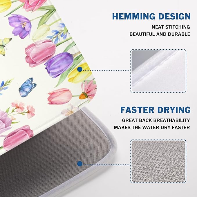 Spring Floral Dish Drying Mat for Kitchen Counter Easter Tulip Lavender Flower - Image 4