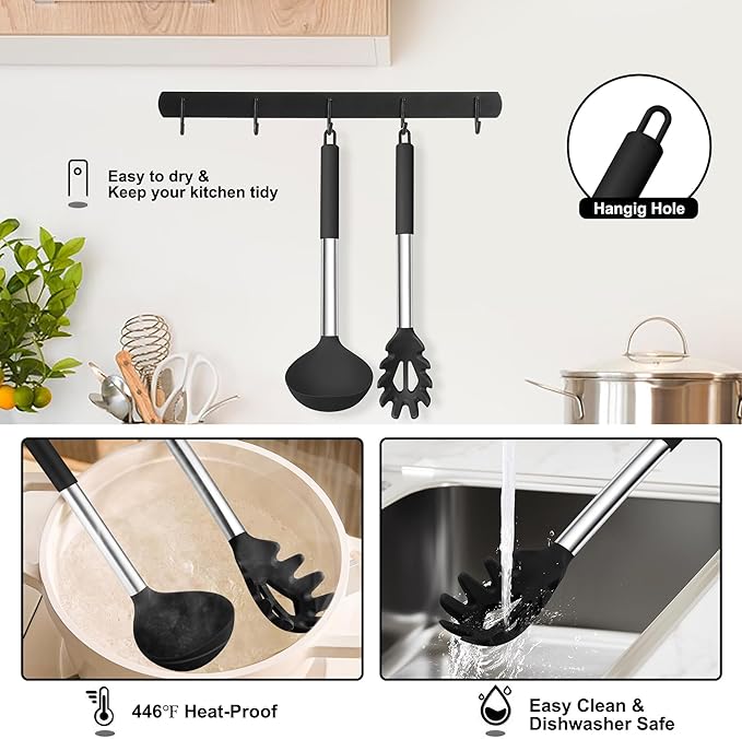 TeamFar Silicone Pasta Fork and Ladle Spoon Set, Serving Soup, Healthy & - Image 6