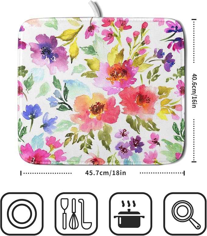 Spring Floral Dish Drying Mat for Kitchen Counter Flower Microfiber Absorbent - Image 2
