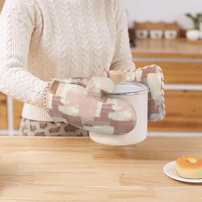 Oven Mitts and Pot Holders Set, Modern Art Dusty Pink Abstract Silicone Kitchen - Image 7