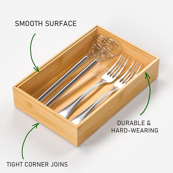 VeyFey Silverware Tray for Drawer, Stackable Kitchen Bamboo Drawer Organizer 9" - Image 2