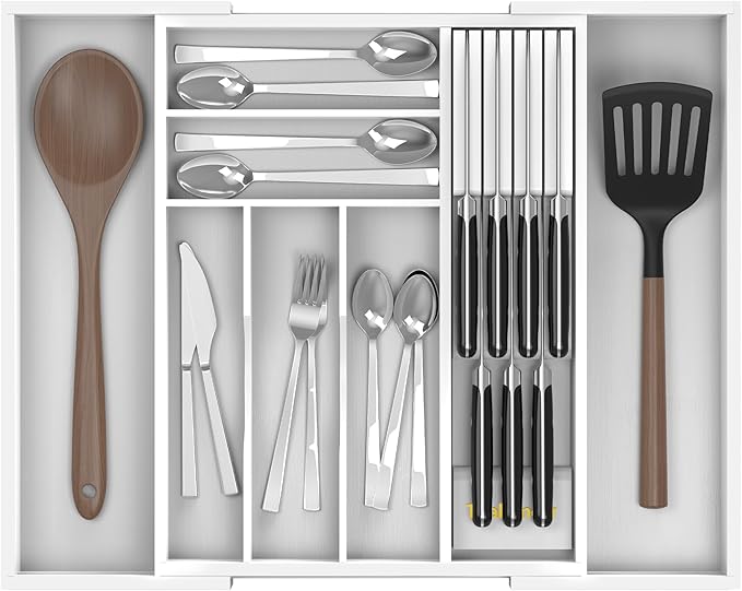 Bamboo Kitchen Drawer Organizer, Expandable Silverware Organizer by Thalomely