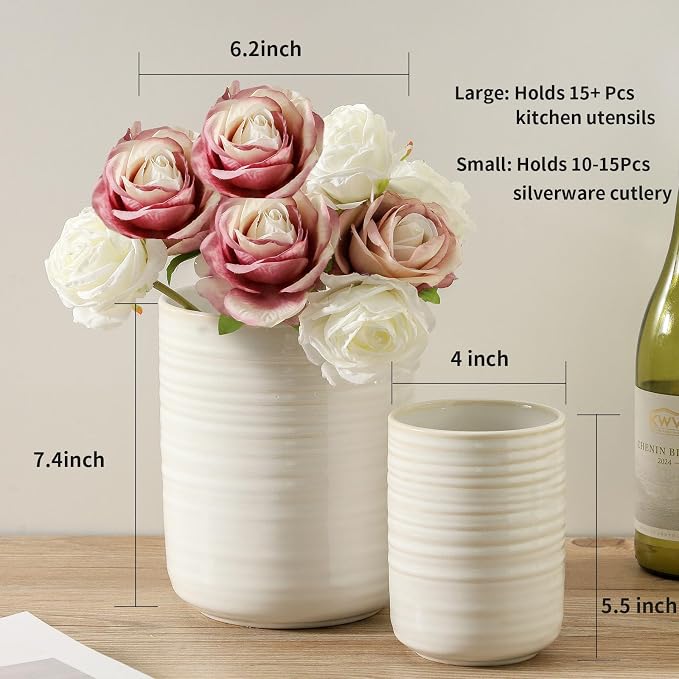 HASENSE Cooking Utensil Holder, 7.4"+5.5" Ceramic Kitchen Utensil Holder - Image 2
