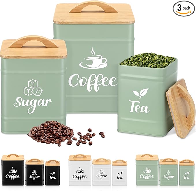 Maxdot 3 Set Coffee Sugar Tea Containers, Square Airtight Kitchen Canisters by Maxdot