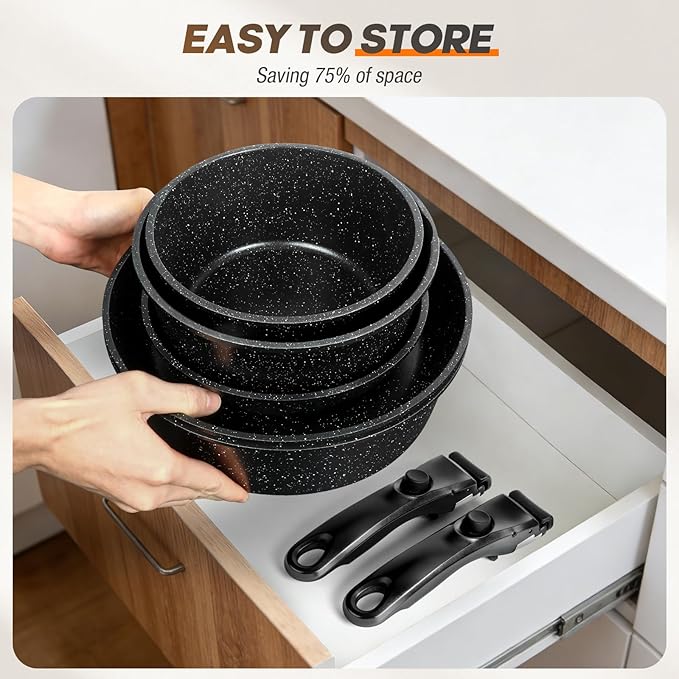 pots and Pans Set, Nonstick Cookware Set Detachable Handle, Induction Kitchen - Image 3