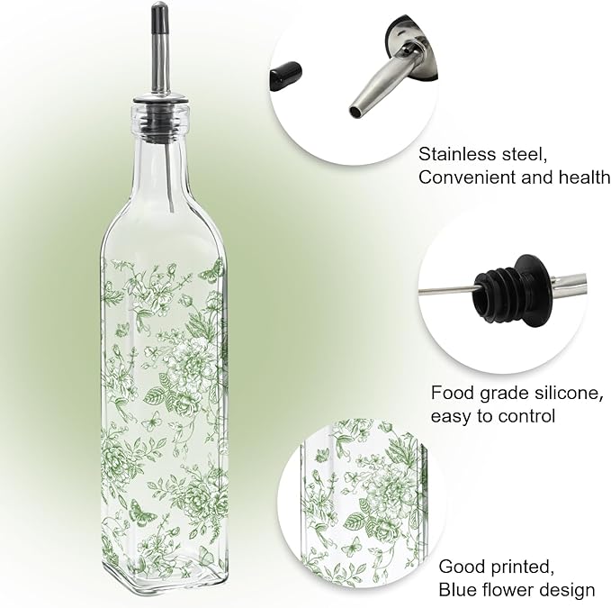 JarThenaAMCS Chinoiserie Olive Oil Dispenser Bottle Green Floral Glass Cruet - Image 3