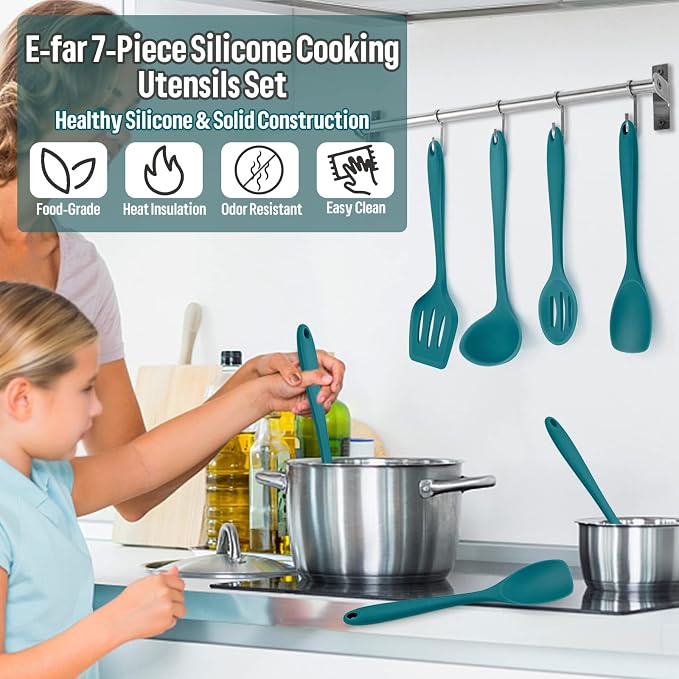 Silicone Cooking Utensils Set, E-far 7-Piece Blue Heat Resistant Kitchen - Image 7