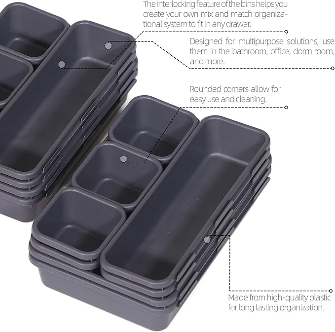 Set of 12 Interlocking Desk Drawer Organizer Tray Dividers Plastic Shallow - Image 3