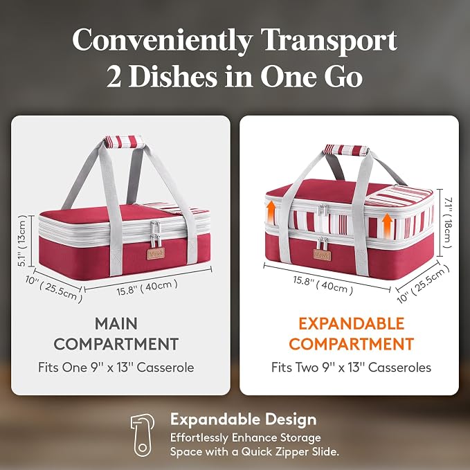Lifewit Insulated Double Decker Casserole Carrier, Expandable Lasagna Lugger - Image 2