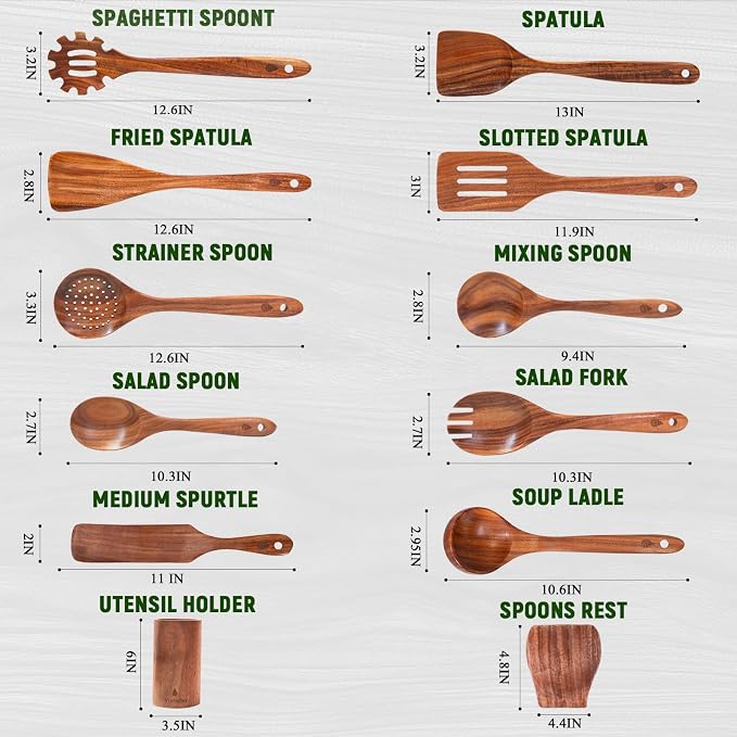 12 Piece Wooden Spoons for Cooking, Natural Teak Wooden Utensils Set, Handmade - Image 4