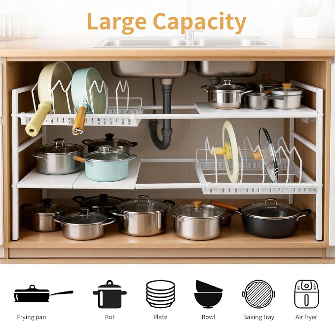 Pots and Pans Organizer Under Cabinet, Expandable Length, Adjustable Height - Image 6