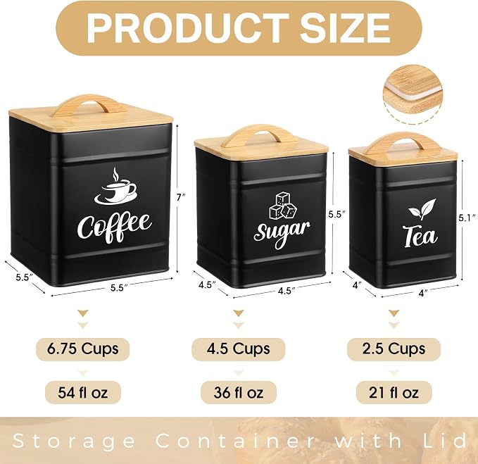 Maxdot 3 Set Coffee Sugar Tea Containers, Square Airtight Kitchen Canisters - Image 2