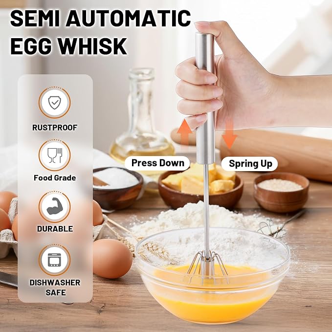2026 Upgraded Semi-Automatic Stainless Steel Egg Beater – Hand Push Whisk - Image 3
