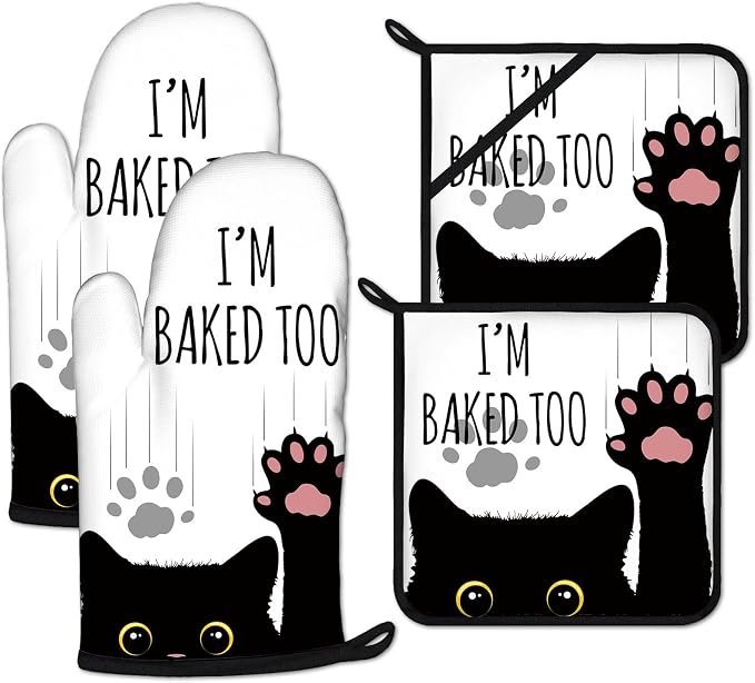 Funny Black Cat Oven Mitts and Pot Holders Sets Heat Resistant 4Pcs Potholders by ANTJOO