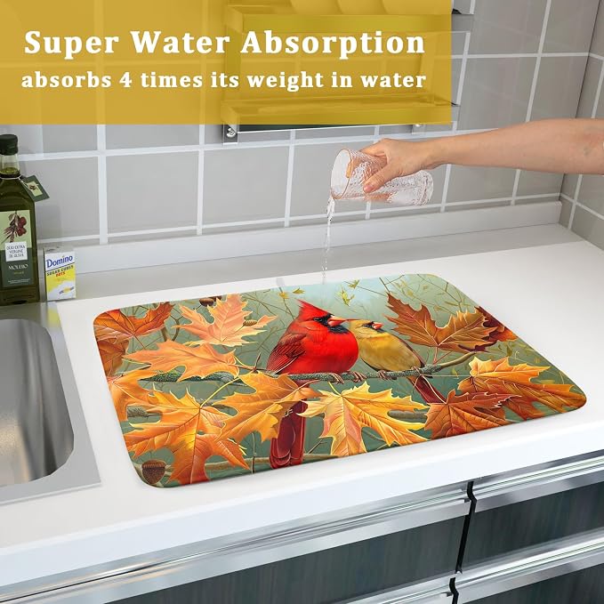 Giwawa Fall Birds Dish Drying Mat 18x24 Inch Autumn Maple Leaf Tree Dish - Image 7