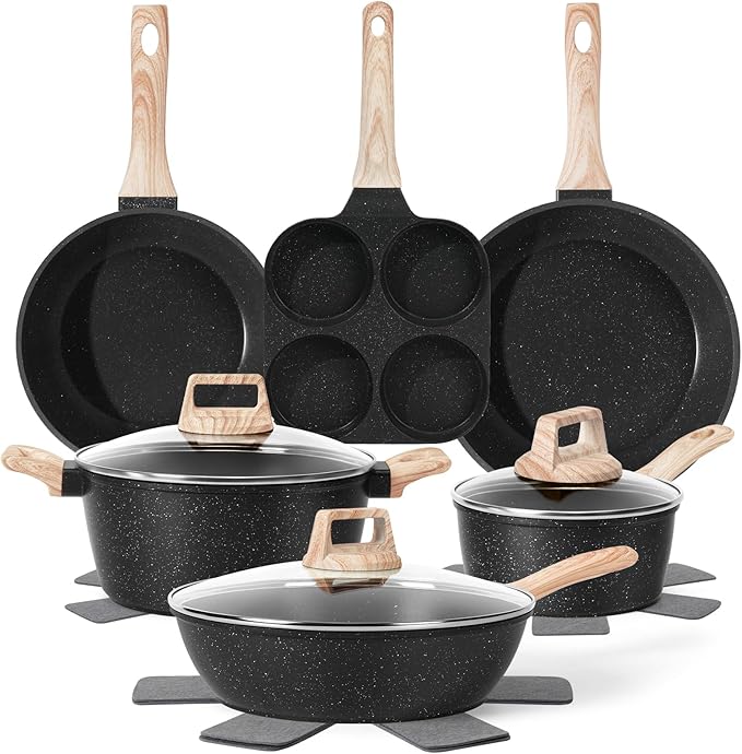 13 Pcs Pots and Pans Set, Nonstick Cookware Sets Black Granite Induction by SODAY