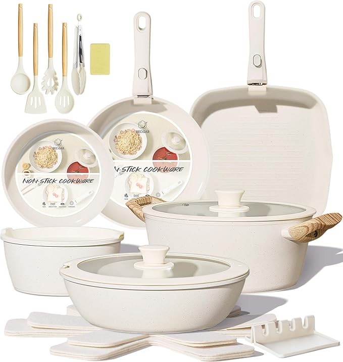 BECIGAR 23PCS Ceramic Pots and Pans Set, Removable Handle Pots and Pans Set by BecigarCookware