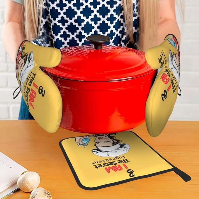 Cute Yellow Retro Chef Humorous Oven Mitts & Pot Holders Set of 3, Heat - Image 2