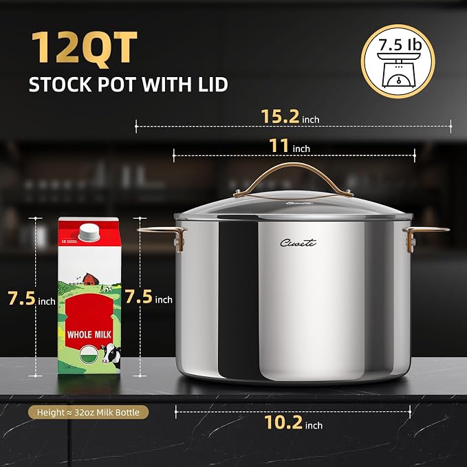 Ciwete 12 Quart Stock Pot with Lid, Upgraded Tri-Ply Stainless Steel Pot - Image 2