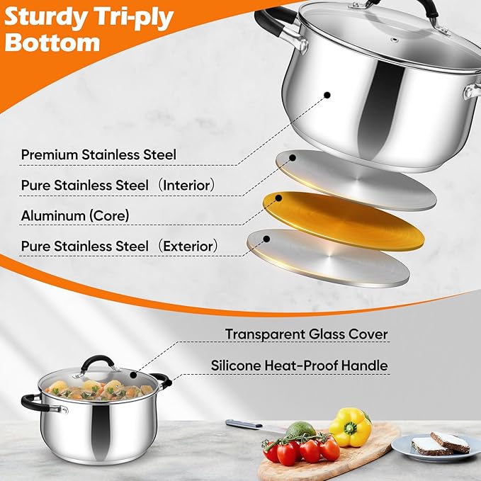 P&P CHEF Stainless Steel Stock Pot, 6 Qt Cooking Soup Pot - Image 3