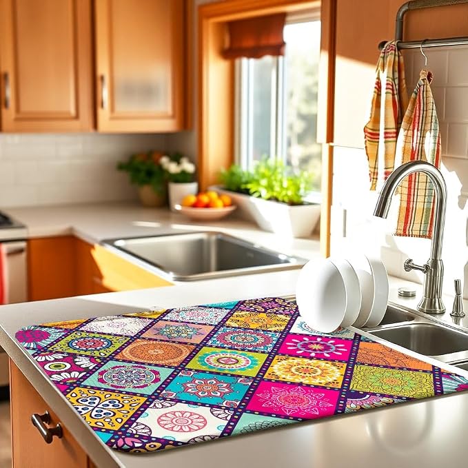 Plaid Floral Large Dish Drying Mats, Reversible Boho Dish Drying Pads - Image 2