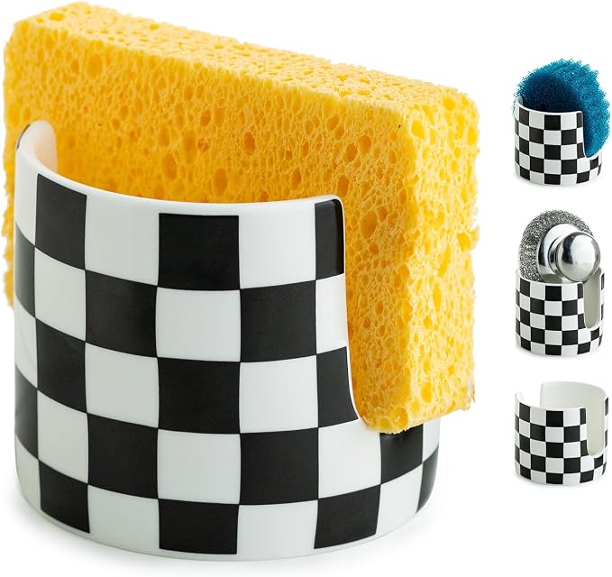 Zoeeker Checkered Kitchen Sink Sponge Holder, Dish Sponge Rack Ceramic Brush by LAUCHUH