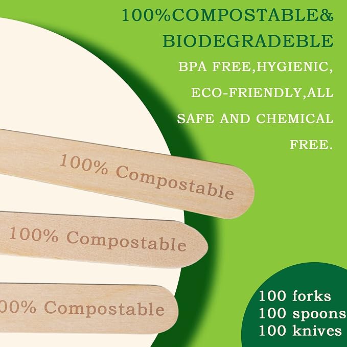 Disposable Wooden Forks -Pack of 100, 6.5" Length-Biodegradable, Natural Wooden - Image 2