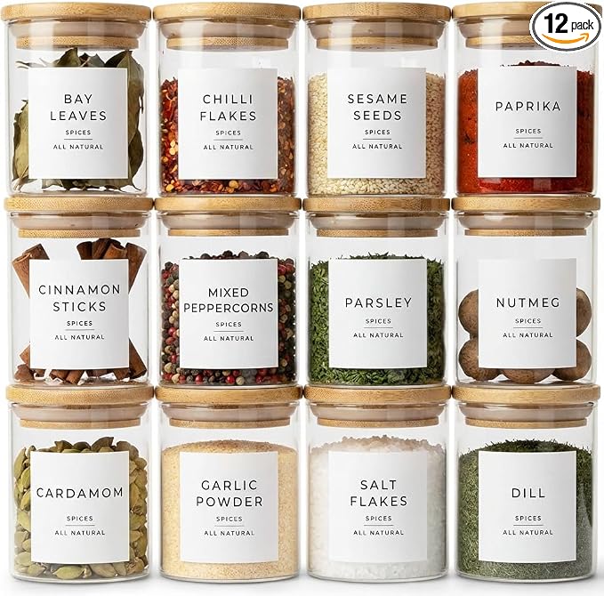 Glass Spice Jars with Labels-12 Pack- 6.8oz- 360 Labels- Spice Containers with by Livabl