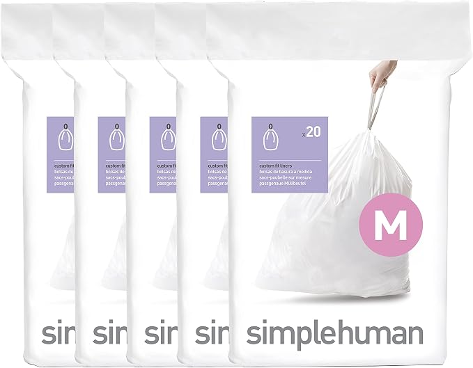 simplehuman Code M 100 Count Custom Fit Liners, Drawstring Kitchen Trash Bags by Simplehuman