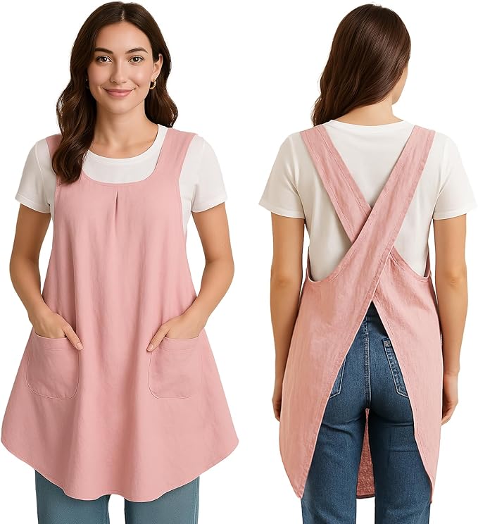 Apron for Women with Pocket Cotton Linen, Japanese Cross Back Apron for by ROLOSI