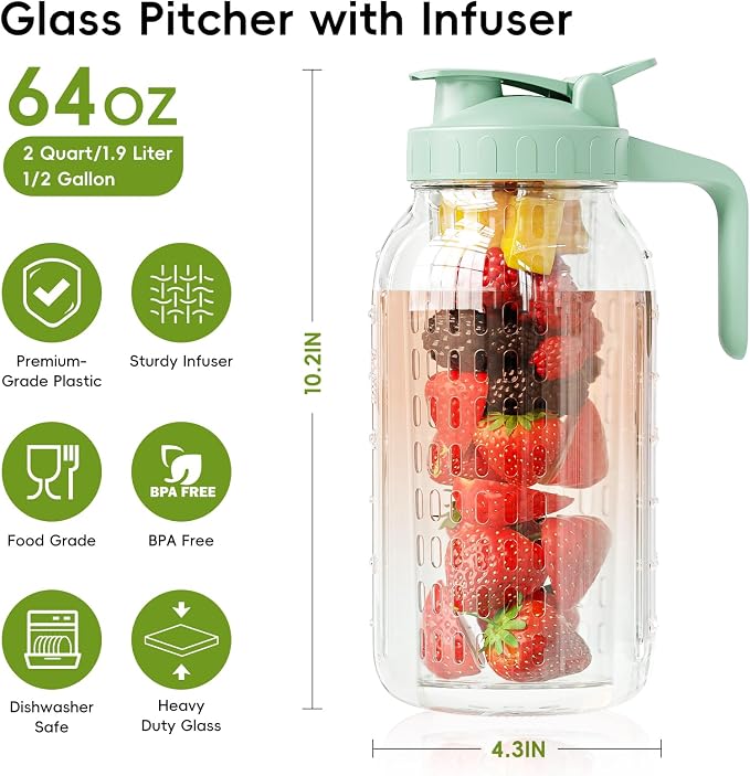 JunVpic Glass Mason Jar Pitcher, 64oz Wide Mouth Jug - Image 2